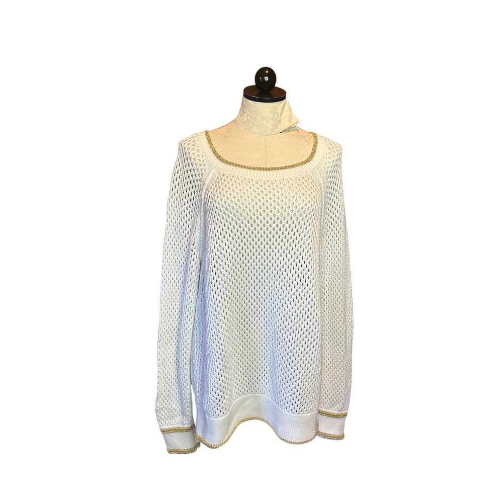 Juicy Couture White Open Knit Crochet Sweater Gold Trim Y2K Metallic Accents XL